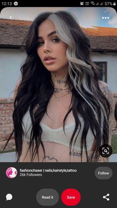 Black With Grey Underneath Hair, Dark Hair Grey Streak, Color Block Black And White Hair, Dark Hair With Pops Of Blonde, Gray Tips Hair, Edgy Dark Hair Color Ideas, Black And Blonde Contrast Hair, Grey Streak In Hair, Black Hair With Platinum Peekaboos