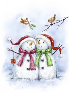 two snowmen wearing hats and scarves standing next to each other in the snow