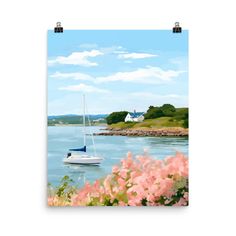 a painting of a sailboat on the water with pink flowers in front of it