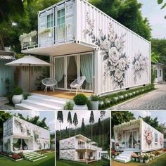 several pictures of a house made out of shipping containers with flowers painted on the side