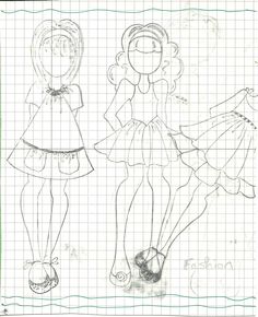 two drawings of girls in dresses and shoes, one is drawn on graph paper the other has