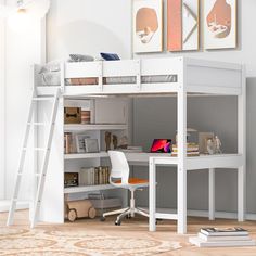 a white loft bed with desk underneath and ladder to the top, in a room with hardwood floors