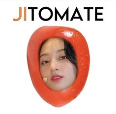 a woman's face is shown through an orange object with the word jtomate on it