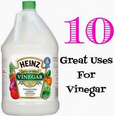 a bottle of vinegar with the words 10 great uses for vinegar on it and an image of