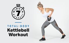 a woman holding a kettle while standing in front of a clock with the words total - body kettlebell workout