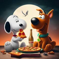 a cartoon dog eating pizza next to a bottle of beer