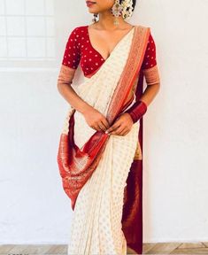 Off White And Red Saree, Red Blouse Golden Saree, White And Red Banarasi Saree, White Red Saree Bengali, Bengali Red And White Saree Look Simple, Ethnic Day Saree, White Saree Red Blouse, White Saree With Red Blouse, Onam Blouse Design