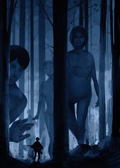 two people standing in the middle of a forest at night, with one person reaching for something