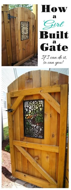 an image of a wooden gate that is made out of wood and has a stained glass window