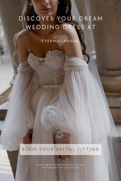 a woman in a wedding dress with the words, book your bridal fittings