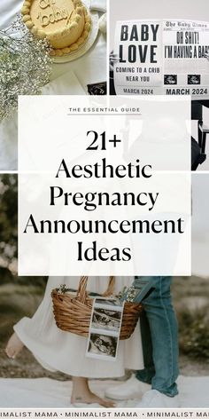 an advertisement for the baby shower party with photos and text that reads, 21 aesthetic pregnant announcement ideas