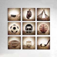 a group of nine pictures with different types of sports items on them, all in squares