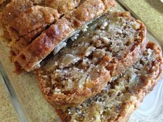 two slices of banana bread sitting on top of a counter