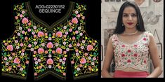 a woman wearing a blouse with flowers on the front and side, next to an image of