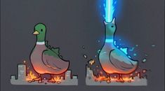 two ducks standing next to each other in front of a building with fire coming out of it