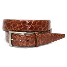 Glazed South American Caiman Belt in Cognac by Torino Leather Designer Brown Belt Buckle For Business, Designer Brown Belt Buckles For Business, Elegant Formal Belt Buckle With Crocodile Pattern, Elegant Formal Belt Buckles With Crocodile Pattern, Luxury Crocodile Pattern Belt For Business, Luxury Business Belt With Crocodile Pattern, Designer Brown Belt For Formal Occasions, Luxury Brown Belt For Business, Brown Luxury Formal Belt