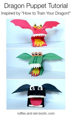 three different types of paper puppets with text overlay that says dragon puppet tutors inspired by how to train your dragon