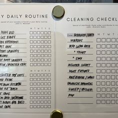 the daily routine checklist is posted on a white board with black writing and gold buttons