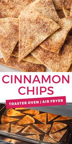 Closeup of cinnamon sugar chips on a plate and on a rack inside a toaster oven. Air Fryer Recipes Tortilla Chips, Airfry Healthy Dessert, Snacks Air Fryer Recipes, Oven Fryer Recipes, Gourmia Air Fryer Toaster Oven Recipes, Cinnamon Tortilla Chips Baked, Cinnamon Chips Air Fryer, Tortillas In The Air Fryer, Healthy Dessert Recipes Air Fryer