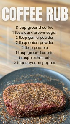 Uncooked ribeye steak covered in coffee rub on a dark plate. Pot Roast Rub Recipe, Smoked Beef Roast Dry Rubs, Seasoning For Roast Beef, Chuck Roast Rub Recipe, Roast Rubs Beef, Beef Roast Rub For Smoker, Bbq Roast Beef Rub, Rub For Roast Beef, Dry Rub For Beef Roast