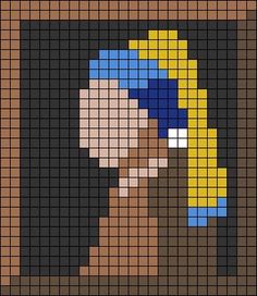 a pixellated image of a woman's face with yellow hair and blue eyes