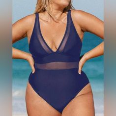 Cupshe Women's Plus Size One Piece Swimsuit, V Neck, Mesh Sheer Tummy Control With Adjustable Wide Straps, Size: 2x, Color: Blue Navy Sleeveless Bodysuit For Beach, Navy Sleeveless Bodysuit For The Beach, Plus Size One Piece, Wide Straps, Womens Swim, One Piece Swimsuit, Color Blue, Swimming, Mesh