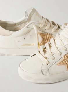 GOLDEN GOOSE Super-Star raffia-trimmed distressed leather sneakers Woman Trendy Shoes, Retro Skater