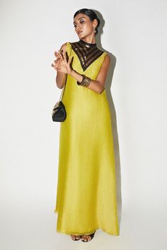 Yellow, black, gold colorblock maxi dress with stripe woven motifs on neckline. - Aza Fashions Gold Sleeveless Dress For Spring Evening, Gold Sleeveless Evening Dress For Spring, Chic Gold Maxi Dress For Spring, Gold Sleeveless Chic Dress For Spring, Chic Gold Sleeveless Dress For Spring, Chic Long Gold Maxi Dress, Gold Maxi Dress For Spring, Gold Sleeveless Maxi Dress For Summer, Chic Gold Maxi Dress For Summer