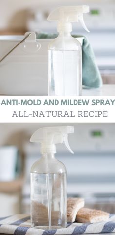 an image of a spray bottle with soap on it and the words anti - mold and mildew spray all - natural recipe