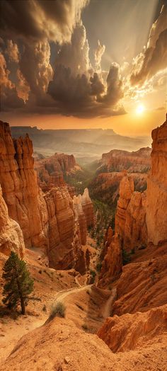 the sun is setting in the distance over some rocks and trees, as seen from an overlook point