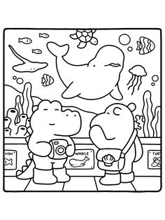 a coloring page with two hippos and fish