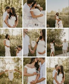 a collage of photos shows a pregnant couple holding each other