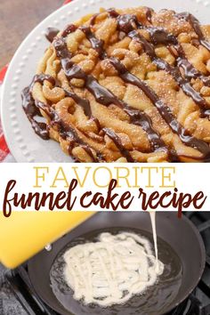 the recipe for funnel cake is being drizzled with chocolate and then topped with whipped cream