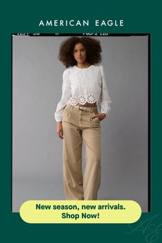 High neck/Slight balloon sleeve/Eyelet design at hem/This top is Real Good: Made with the planet in mind & a promise to continue to do better. High Neck Crop Top, Do Better, Neck Crop Top, Women's Jeans, American Eagle Outfitters, American Eagle, High Neck, Shop Now, Crop Top