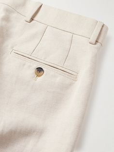 Loro Piana is renowned for its fine craftsmanship and premium fabrics – the brand has been manufacturing the highest quality textiles since 1924. Tailored from a lightweight cotton and linen-blend, these 'City' trousers are cut for a straight fit and have pleats at the front for added shape. Luxury Beige Bottoms For Workwear, Luxury Cotton Pants, Luxury Beige Workwear Pants, Luxury Cotton Workwear Bottoms, Luxury Cotton Bottoms For Workwear, Luxury Cotton Bottoms For Work, Classic Beige Pants With Concealed Placket, Elegant Linen Pants With Button Closure, Men Linen Pants