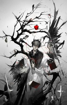 an anime character standing in front of a tree with red apples on it's branches