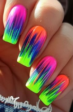 Bright Colored Nail Designs, Florescent Nail Ideas, Ombre Summer Nails Neon, Crazy Summer Nails Neon, Neon Multicolor Nails, Neon Beach Nails Bright Colors, Multi Neon Nails, Neon Nail Designs 2024, Bright Nail Ideas