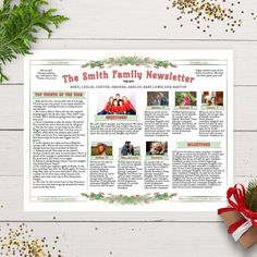 the smith family newsletter is displayed on a table next to some christmas decorations and presents