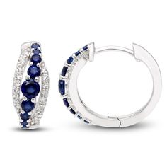 Keep life colorful with celebrated gemstone hues! Radiant round-cut blue lab-created sapphires form the stunning diagonal centers amidst ribbons of sparkling round-cut white lab-created sapphires. A brilliant gift-giving choice for September birthdays and anniversaries, the earrings are styled in sterling silver and secure with hinged backs. Sapphire Hoop Earrings, September Birthday, White Lab, Earrings Sterling Silver, Sterling Earrings, Sterling Silver Earrings, Round Cut, Blue White, Sapphire