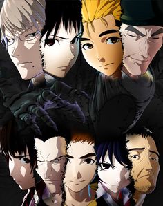 an anime poster with many different faces and hair styles, including one man's head