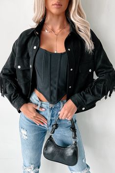 Chasing Cowboys Faux Suede Fringe Shacket (Ash Black) - NanaMacs Suede Fringe, Suede Material, Good Stretches, Size Charts, Black Media, Snap Button, Faux Suede, Ash, Product Launch