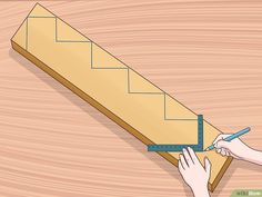 someone is measuring the length of a wooden stair rail with a tape measure ruler on it