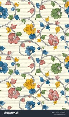 an abstract floral wallpaper pattern with blue, yellow and red flowers on white paper