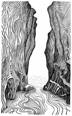 a black and white drawing of two mountains