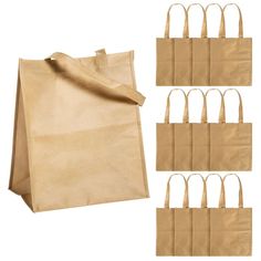 six brown paper bags with handles are lined up against each other on a white background