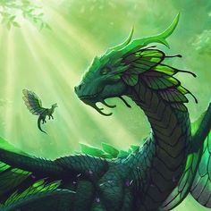 a painting of a green dragon and a bird flying in the sky with sunlight streaming through it