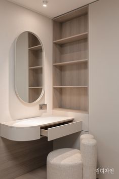 a white dressing table with mirror and stool