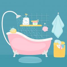 a pink bathtub with clothes hanging on the rack and other items in front of it