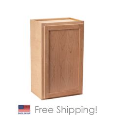 a wooden cabinet with the words free shipping on it and an american flag in the background