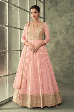 Light Pink Anarkali, Pink Anarkali Gown, Silk Churidar, Pink Anarkali, Readymade Saree, Heavy Embroidery